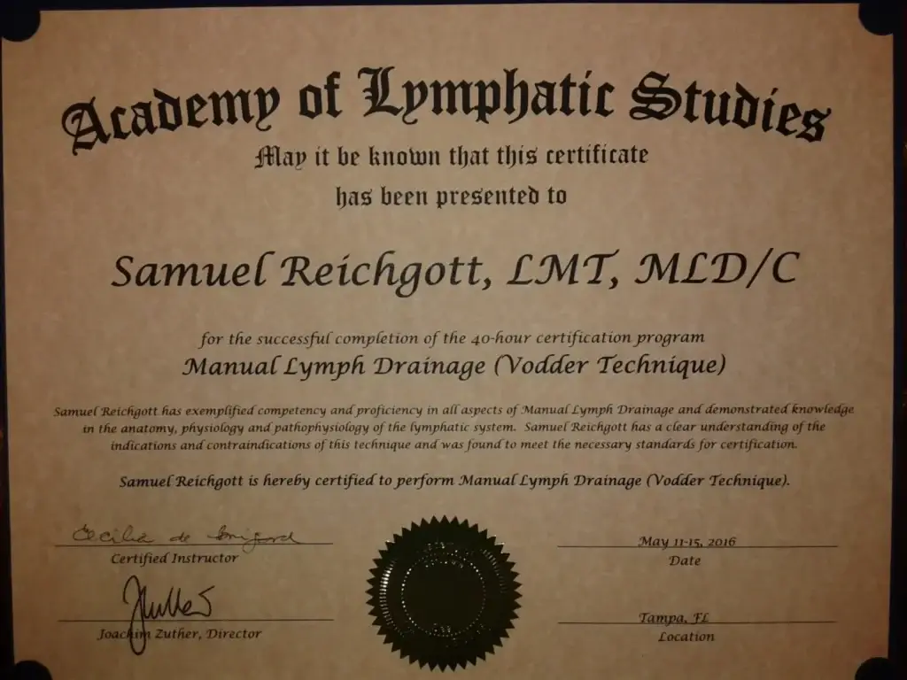 Academy of Lymphatic Studies for Samuel Reichgott for manual lymph drainage